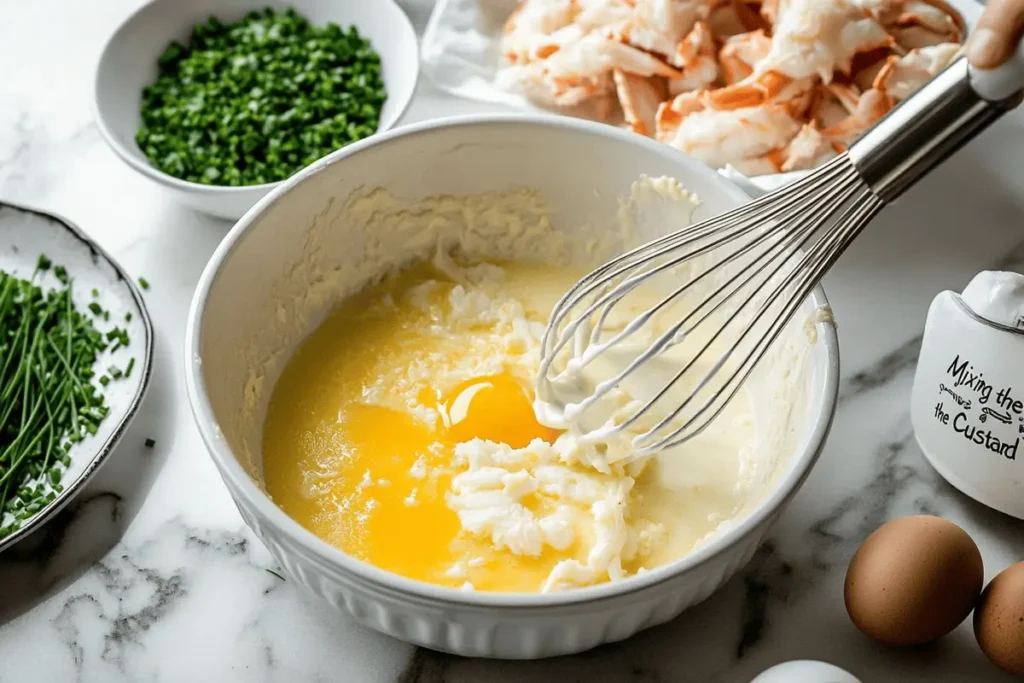 Ingredients for crab brulee including egg yolks, cream, and fresh crab meat.