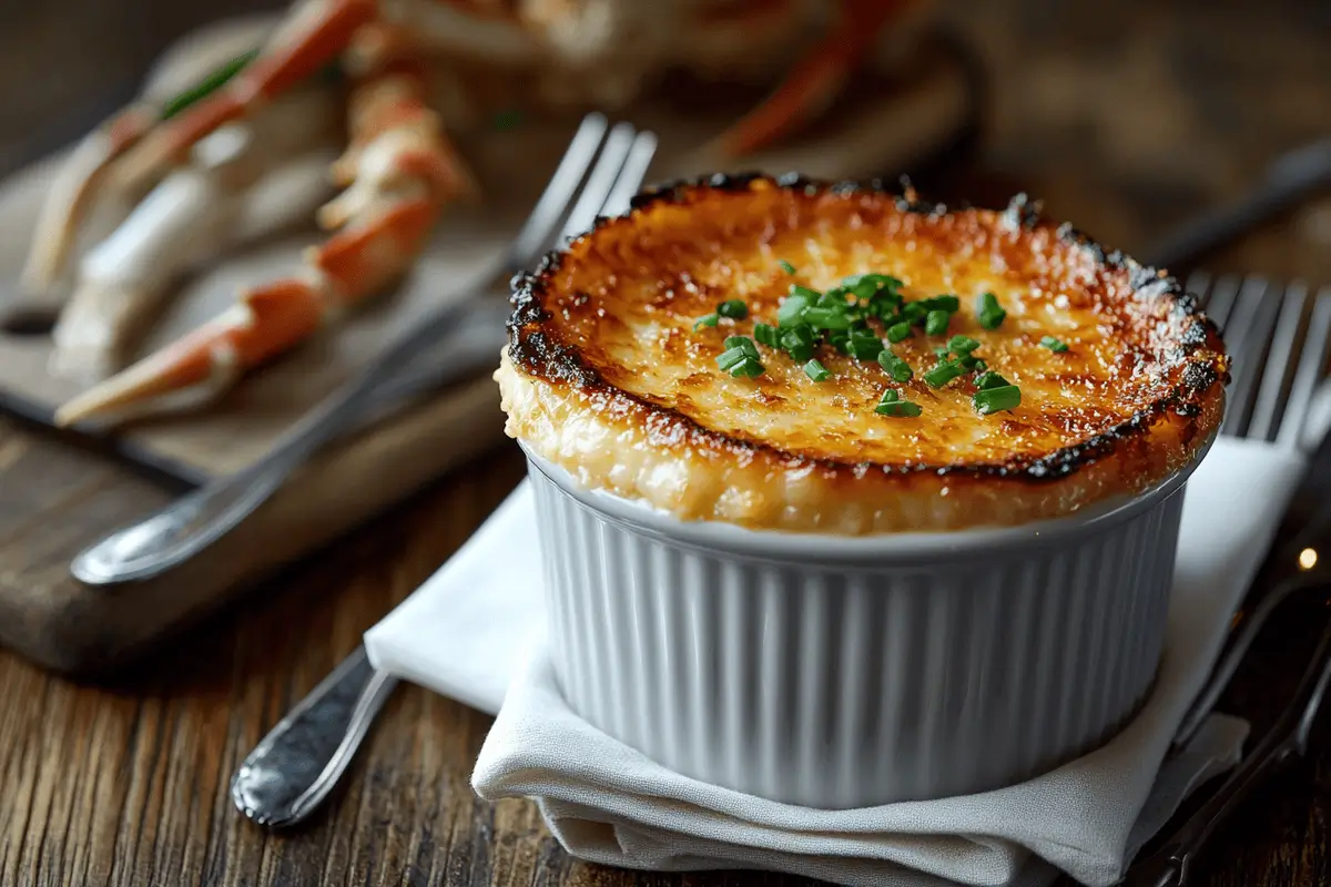 Crab brulee with caramelized sugar crust served in a ramekin.