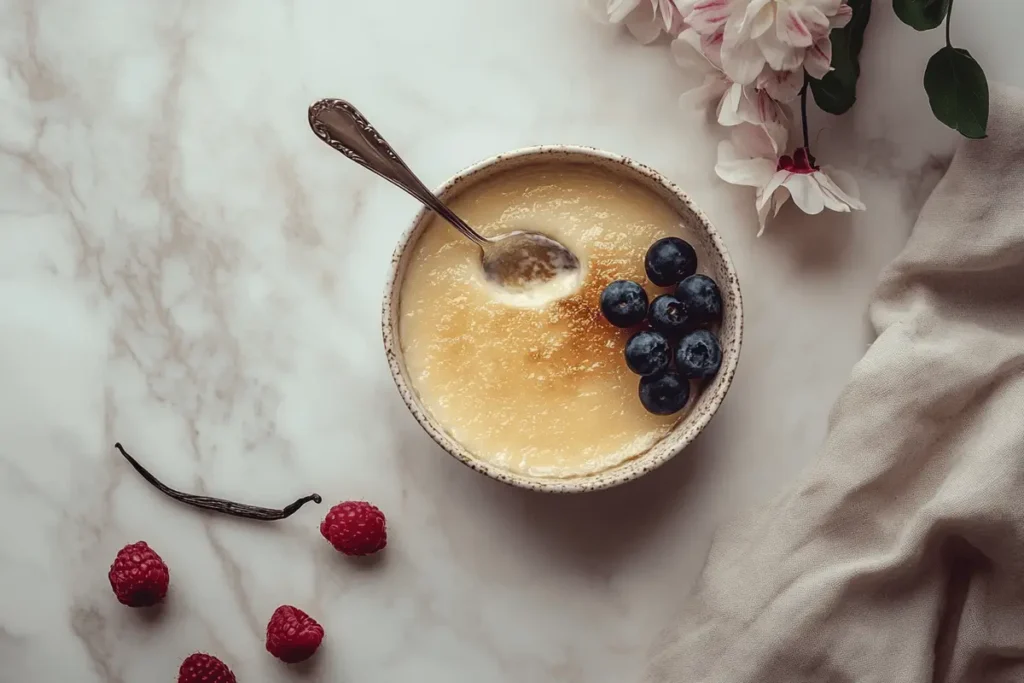 Crème brûlée with caramelized crust and custard with fresh berries.