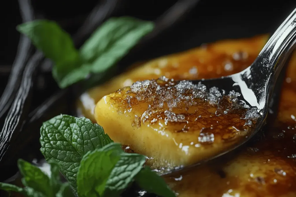 Spoonful of crème brûlée showing smooth custard and caramel top.