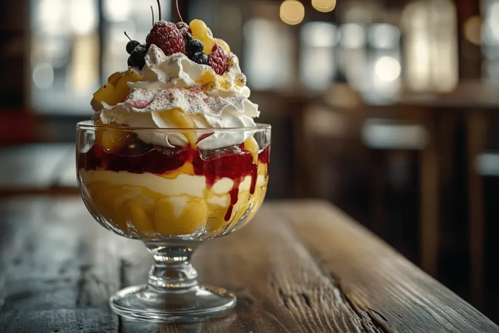 Custard layered with fruit and whipped cream in a glass bowl.