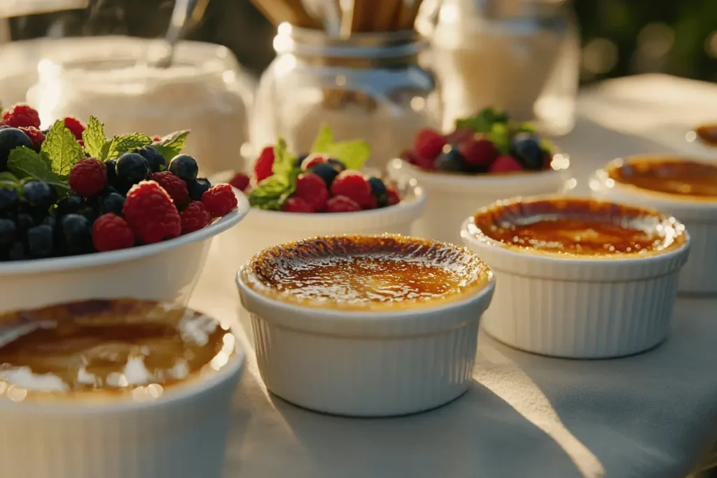 Multiple ramekins of crème brûlée with caramelized sugar topping and berry garnish.