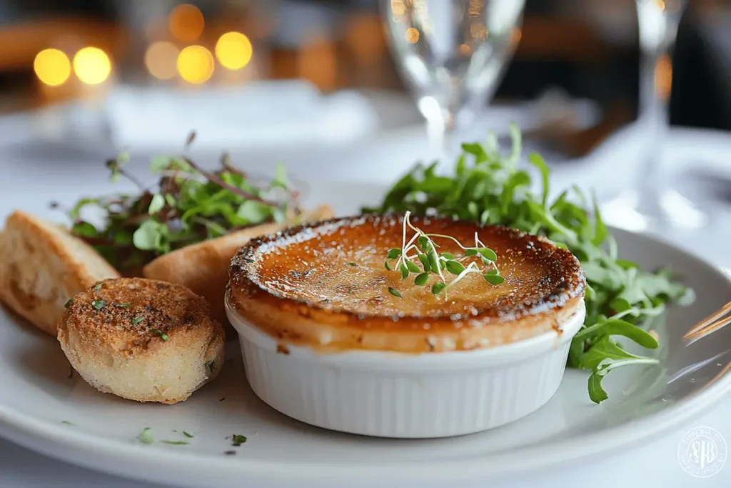 Plated crab brulee with crostini and arugula salad garnish.