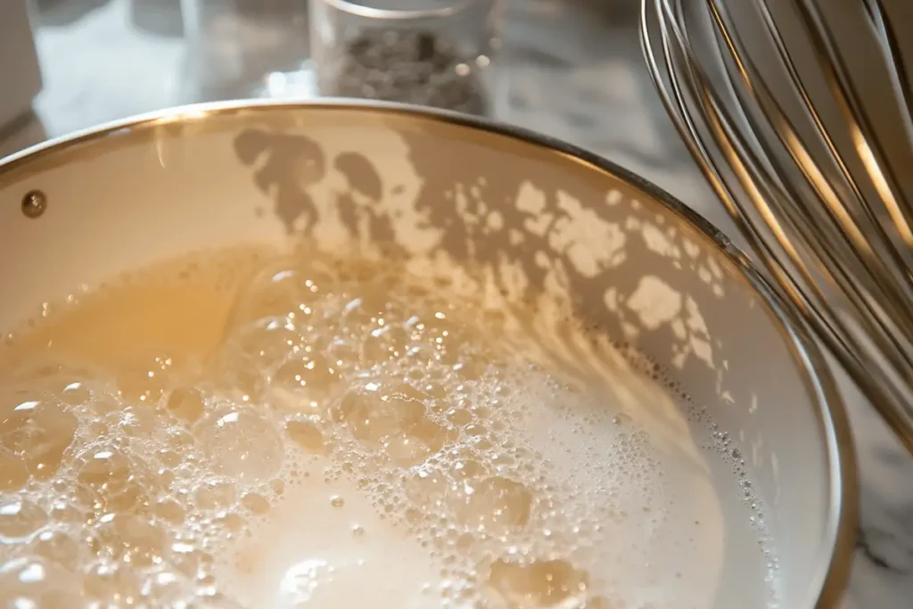 Scalding cream for crème brûlée with bubbles forming on the edge of a saucepan.