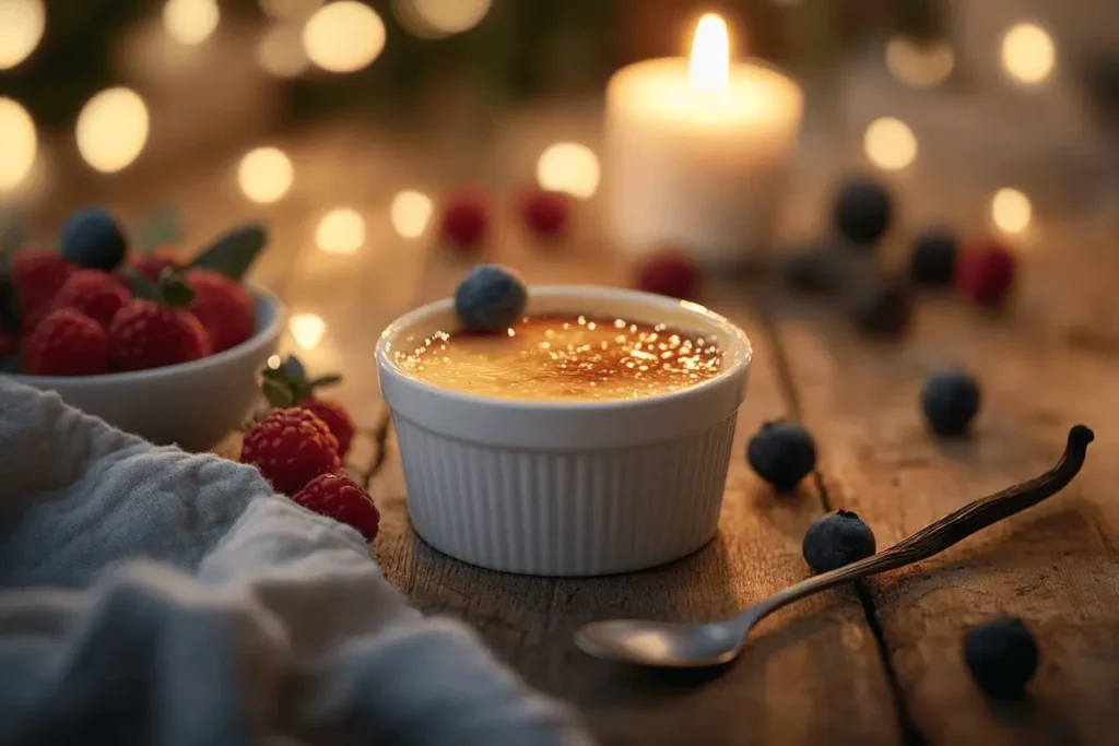 Vanilla crème brûlée with caramelized topping served with fresh berries.