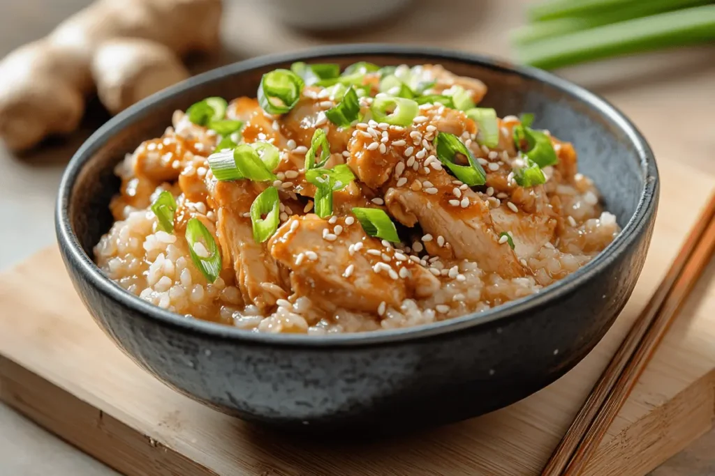 Asian chicken and rice porridge garnished with green onions