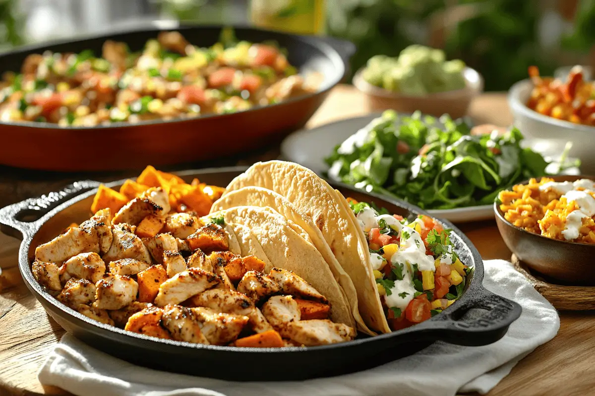 Assorted chicken breakfast dishes without eggs on a rustic table