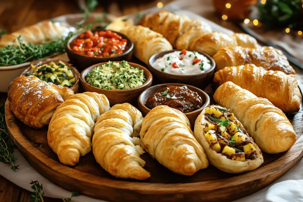  Assorted crescent rolls on a wooden platter with dips.