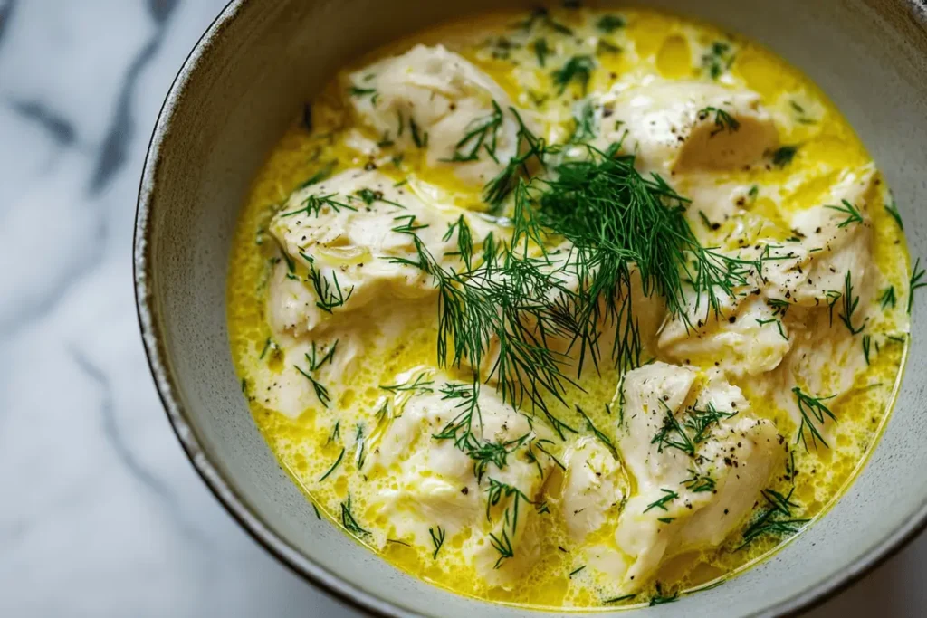 Greek avgolemono soup with chicken and egg-lemon broth garnished with dill.