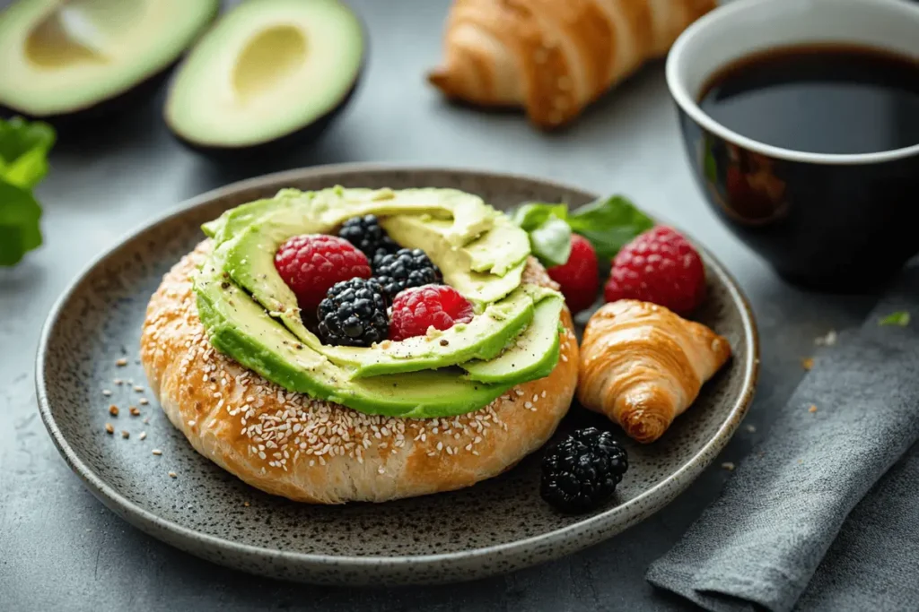 Healthy breakfast with a whole-grain bagel and a croissant.