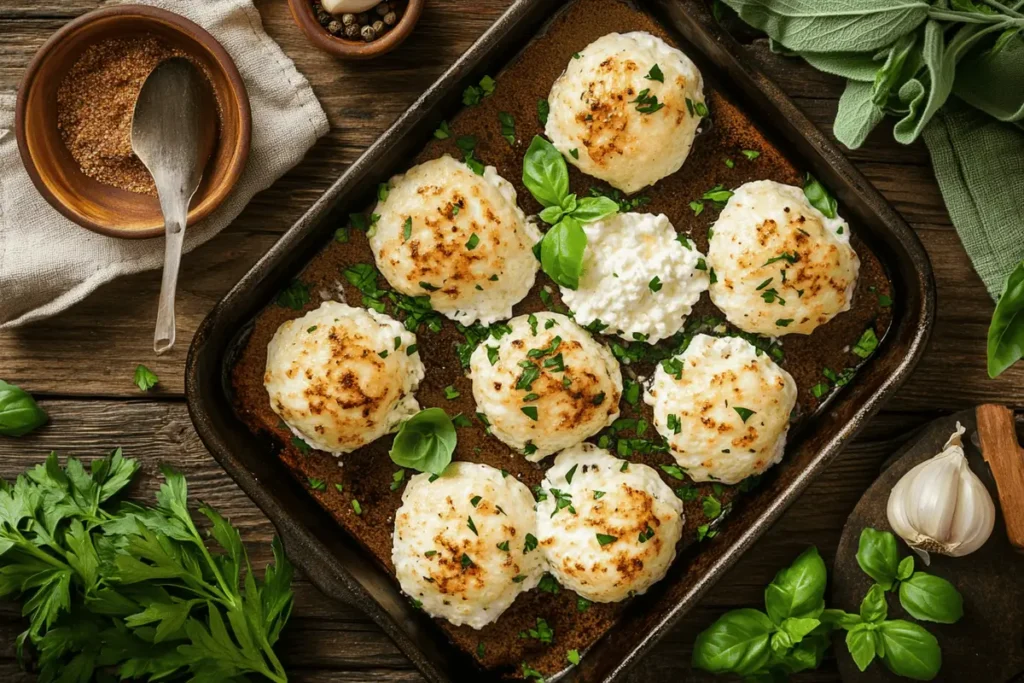 Baked cottage cheese with golden crispy edges on a rustic wooden table.