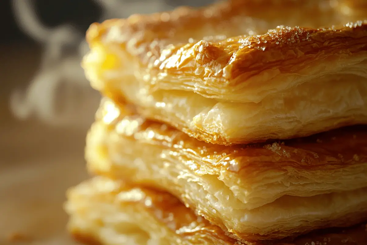 Freshly baked golden puff pastry with crisp, flaky layers.