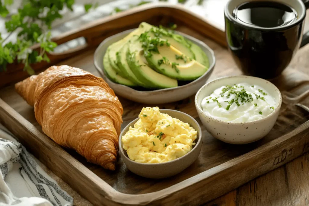 Croissant breakfast spread with eggs, avocado, and yogurt.