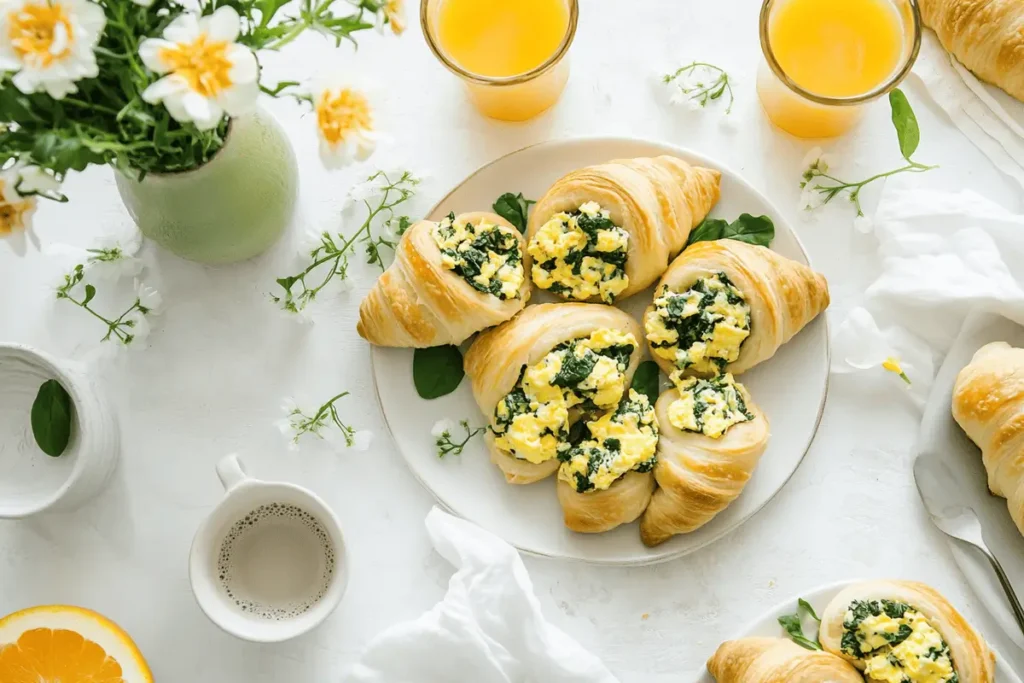 Golden crescent rolls with scrambled eggs and cheese on a breakfast table.