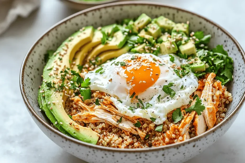 Breakfast bowl with chicken, quinoa, poached egg, and avocado