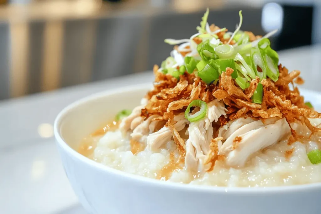 Chicken congee with shredded chicken and crispy shallots.