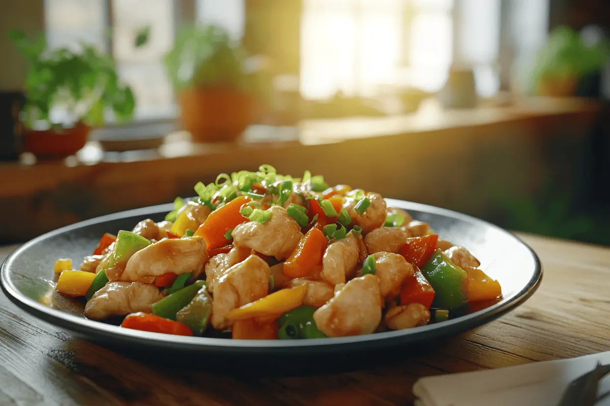 Chicken and egg stir-fry garnished with green onions on a rustic table.