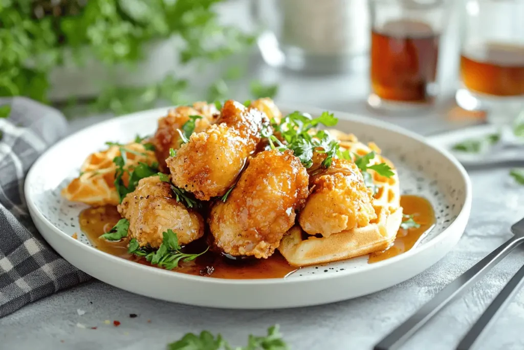  Crispy fried chicken with waffles drizzled with syrup.