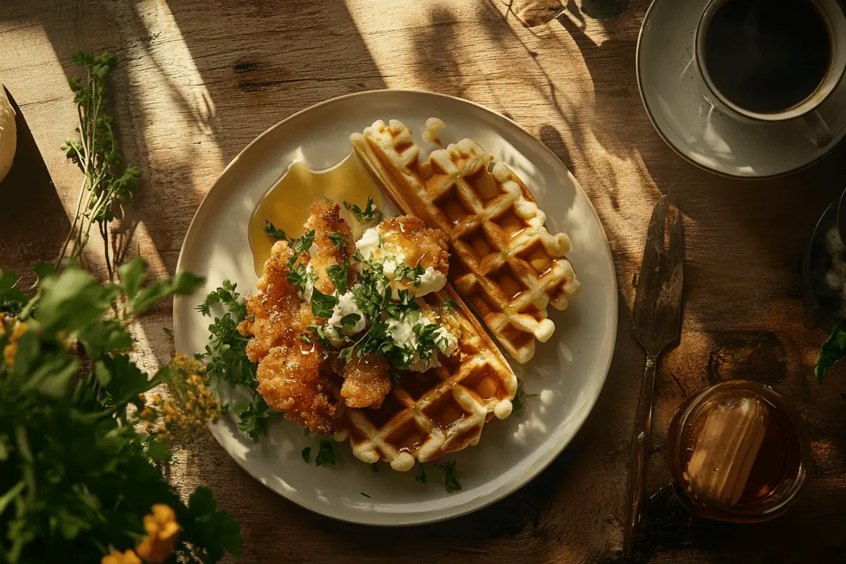 Chicken and waffles with honey drizzle and coffee