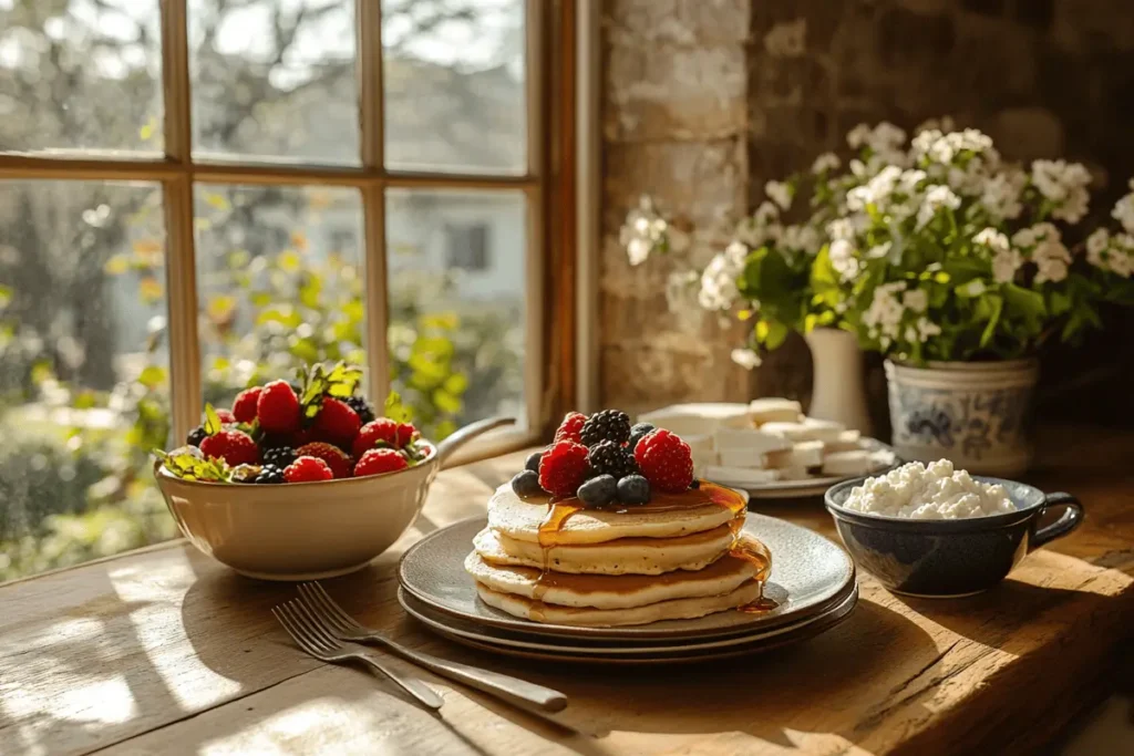 Cottage cheese breakfast spread with pancakes and berries