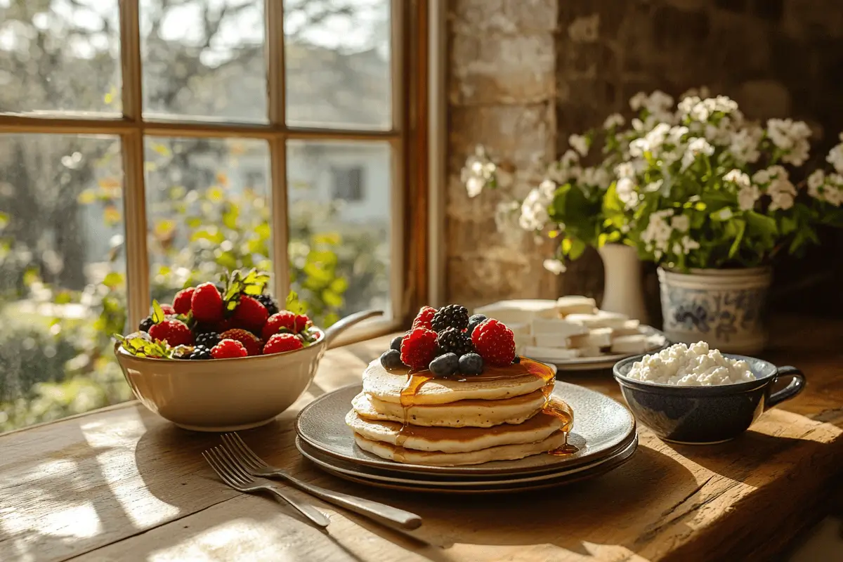 Cottage cheese breakfast spread with pancakes and berries