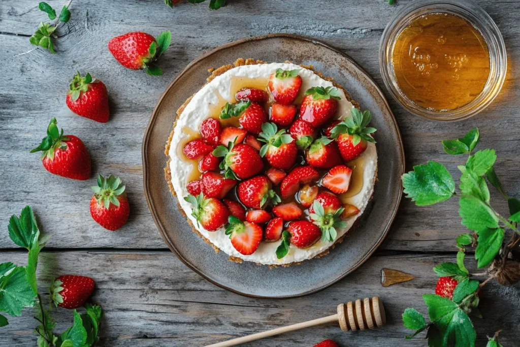 Creamy cottage cheese cheesecake topped with strawberries and honey.