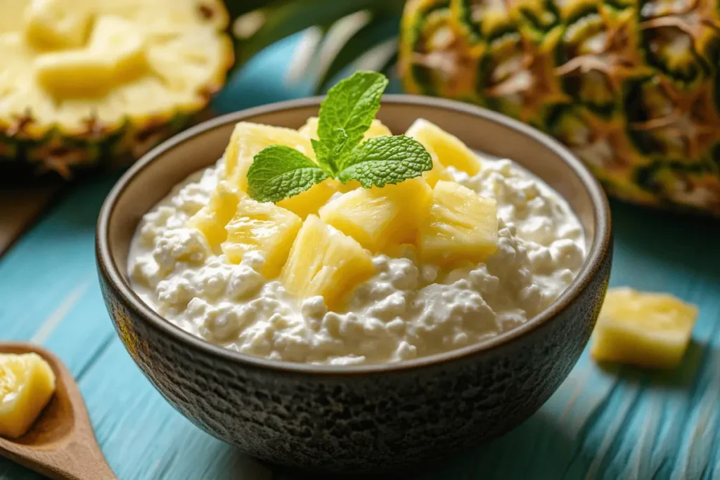 Bowl of cottage cheese with fresh pineapple chunks.