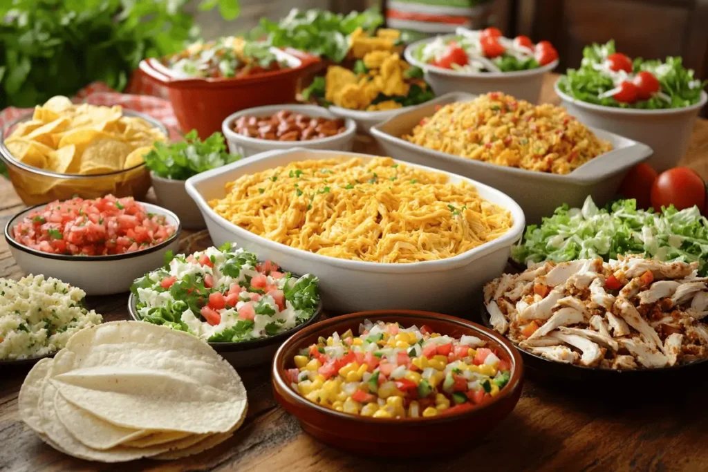 Family dinner with dishes made from leftover rotisserie chicken