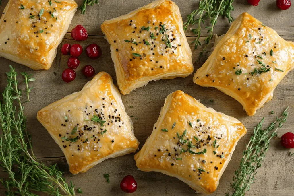 Golden crescent rolls and puff pastry pastries on a wooden table.