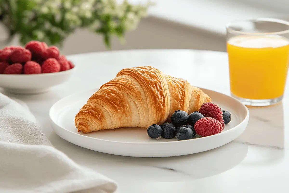 Golden croissant served with fresh berries and juice.