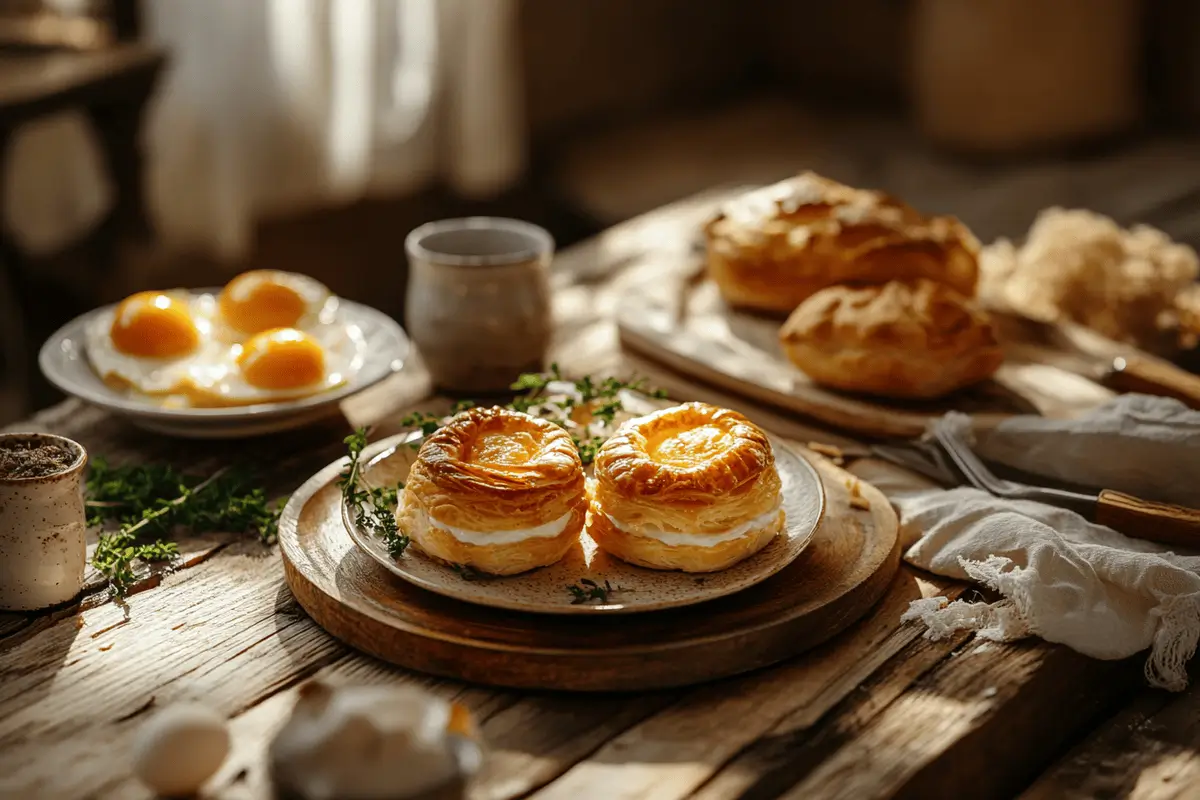 Golden puff pastry and eggs on a breakfast table.