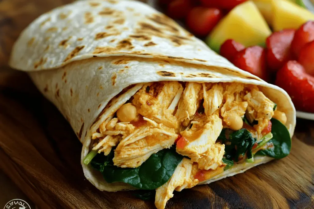 Chicken breakfast wrap with fresh spinach and hummus