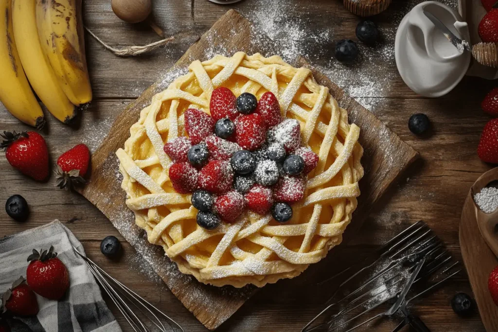 Golden puff pastry tart with fresh berries and powdered sugar