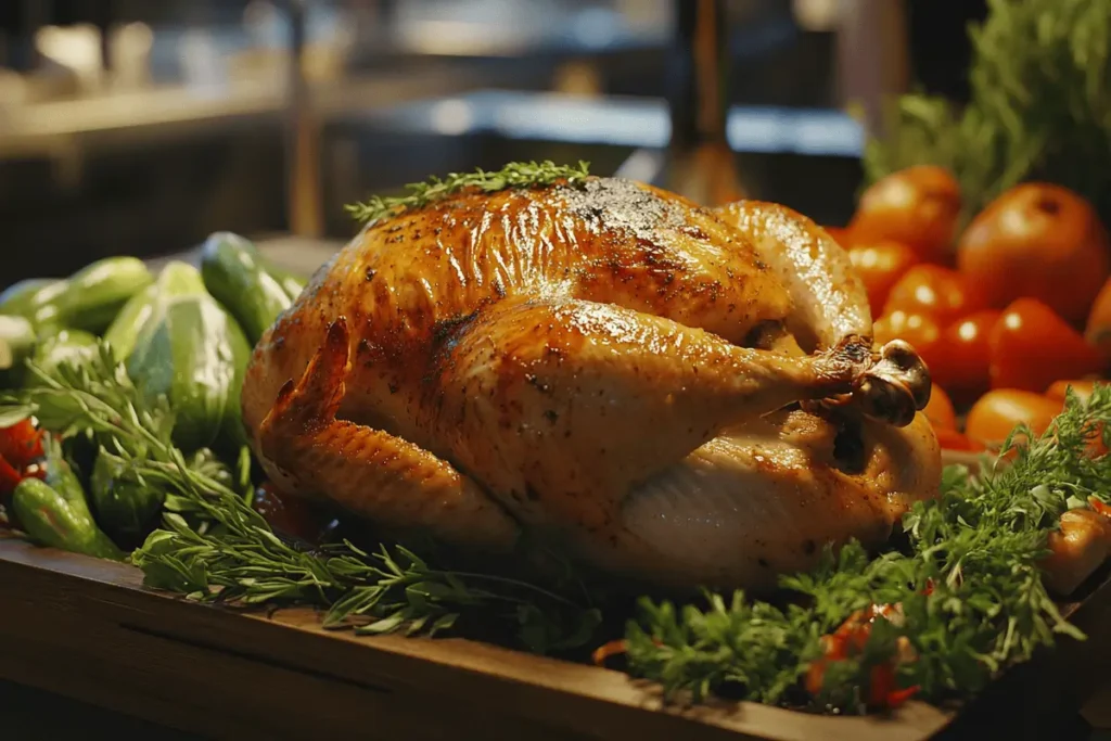 Golden rotisserie chicken in a professional kitchen