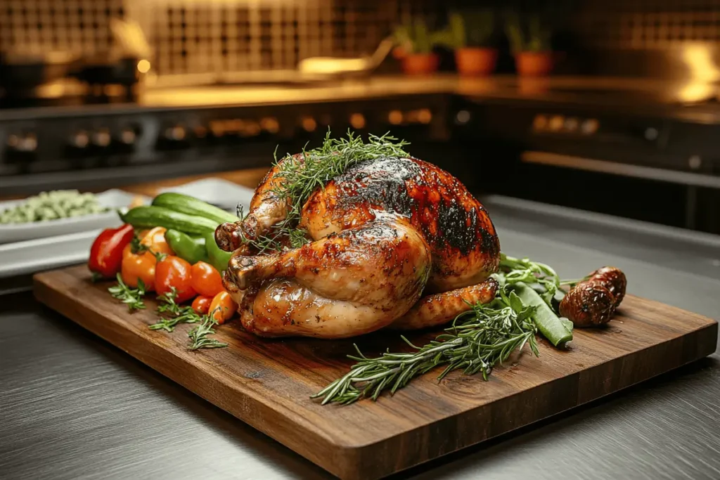 Fresh rotisserie chicken on a wooden board with herbs.