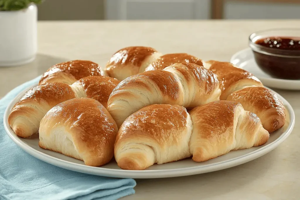 Plate of warm crescent rolls with jam.