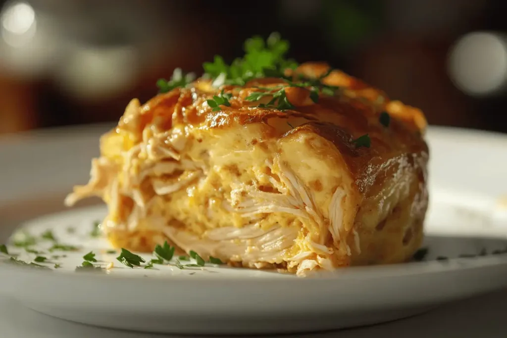 Close-up of a frittata slice with chicken and eggs, garnished with parsley.