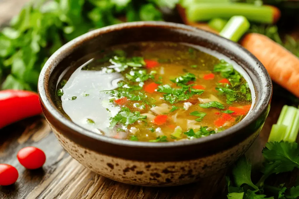 Homemade chicken broth simmering with herbs and vegetables.