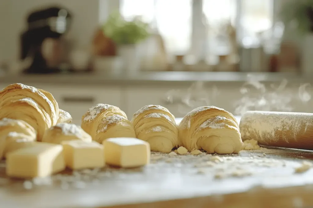 Dough being laminated to make croissants.