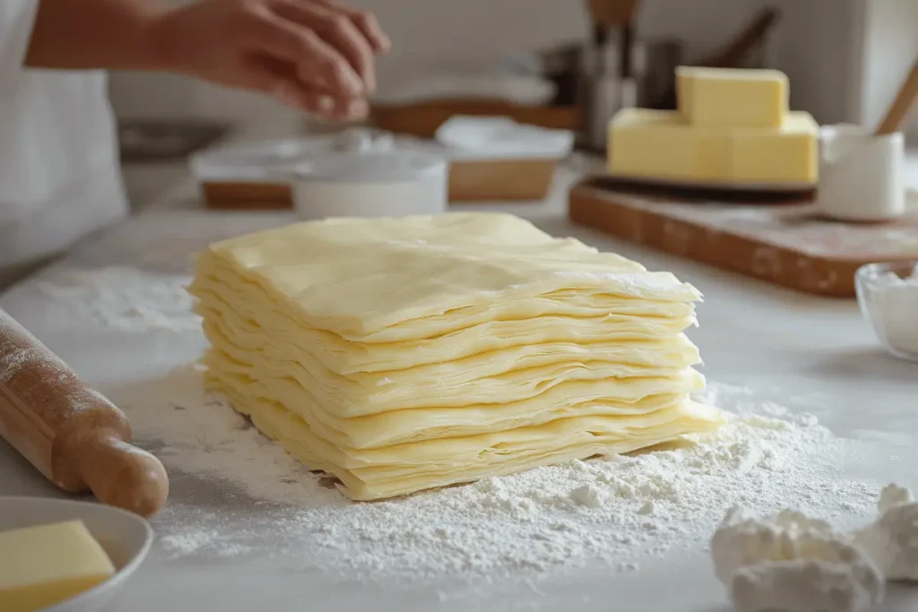 Cook preparing puff pastry with butter and rolling pin.