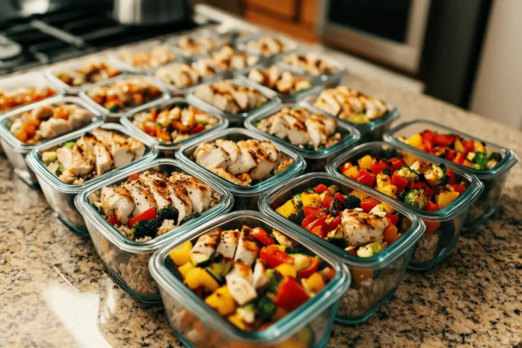 Chicken breakfast meal prep bowls with rice and vegetables