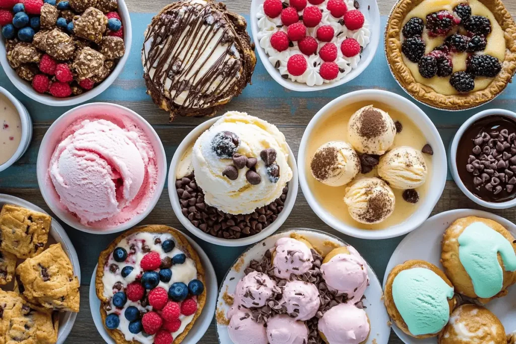 A dessert table featuring nine common desserts including ice cream, cake, and cookies.