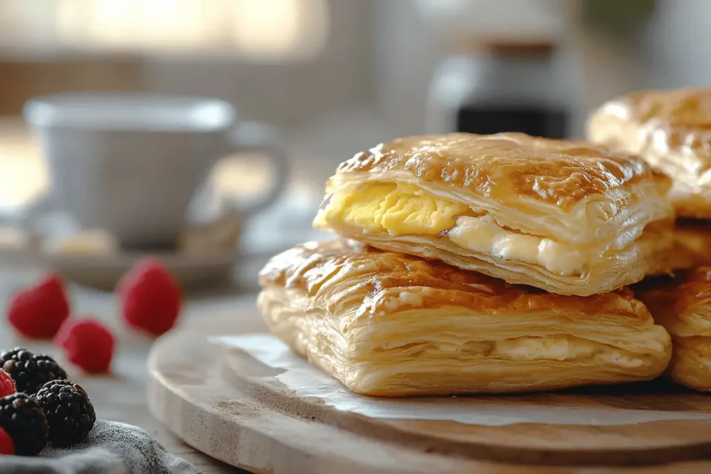 Flaky puff pastry breakfast pastries with eggs, cheese, and fruit.