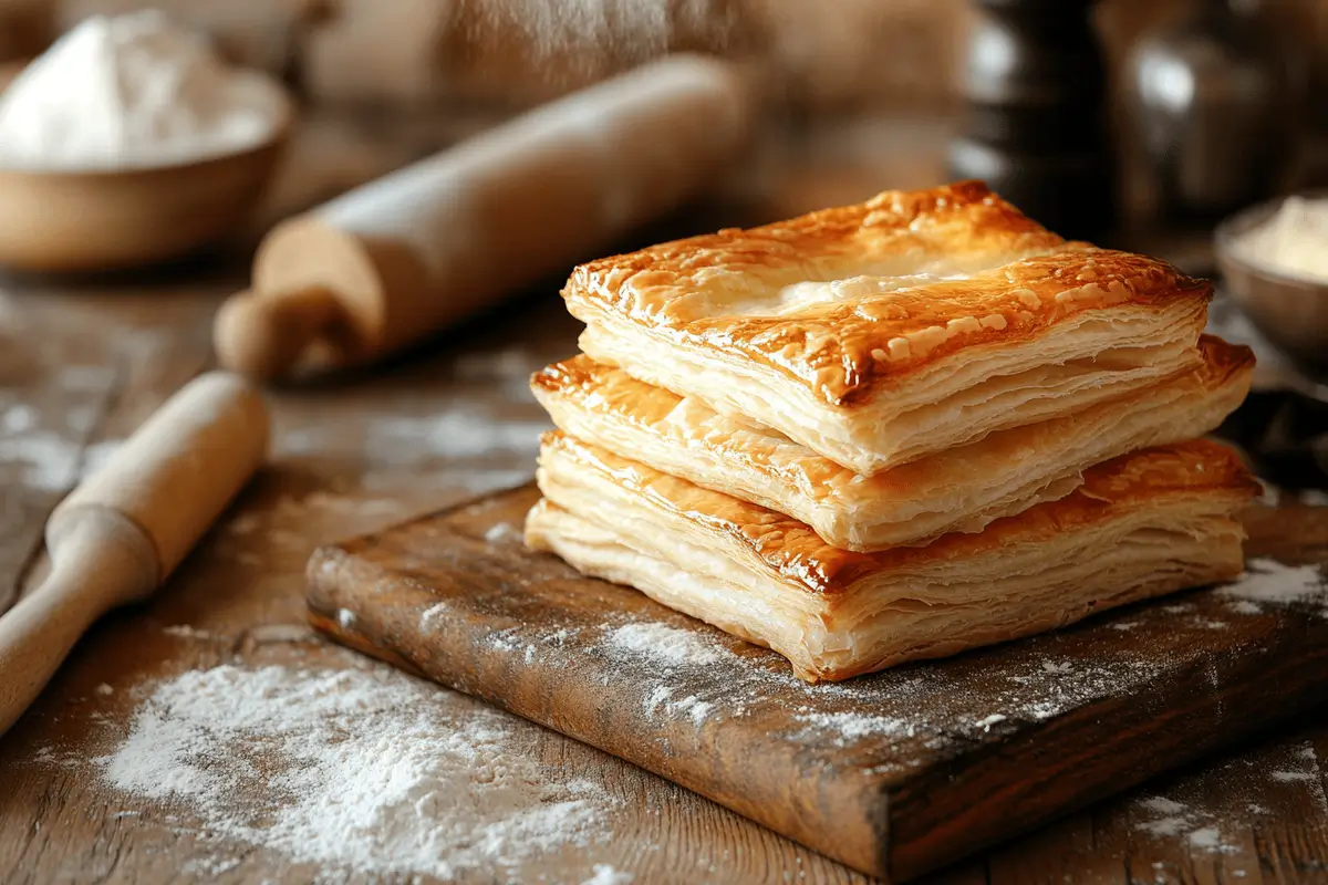 Golden flaky puff pastry on a wooden board with baking tools.