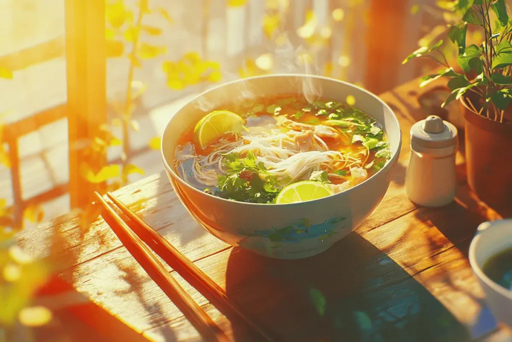 A bowl of pho gà, a Vietnamese chicken breakfast dish.