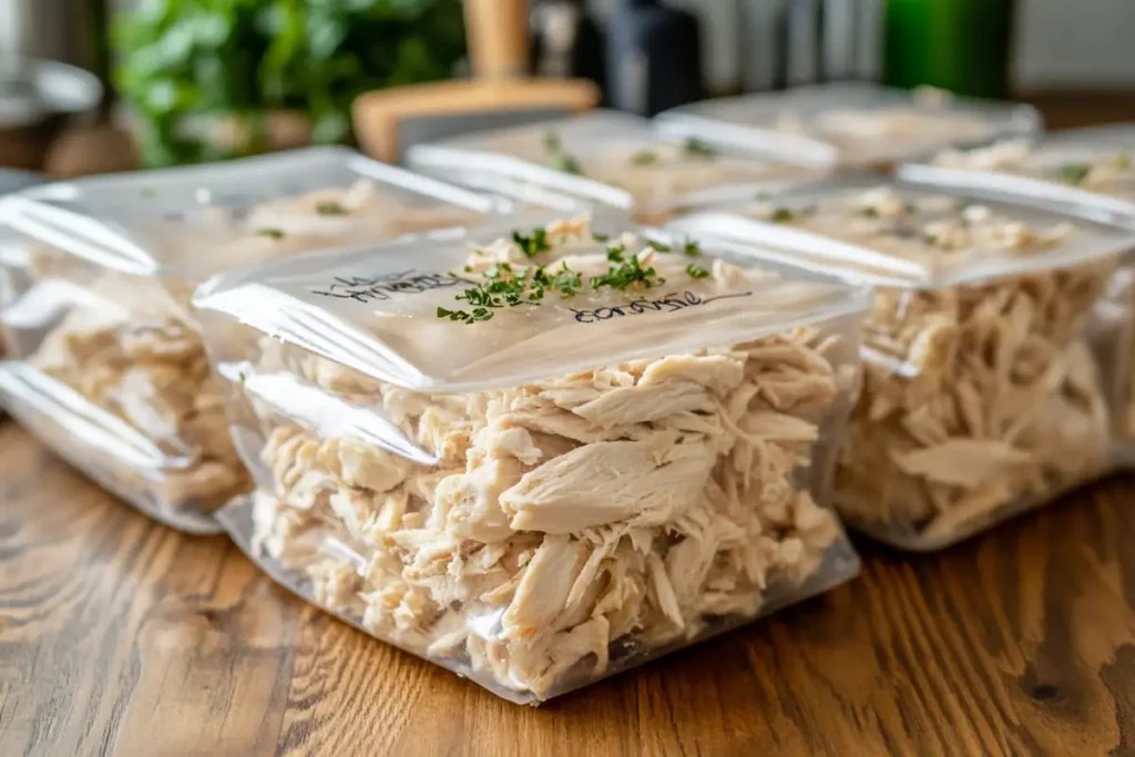 Labeled freezer bags with shredded rotisserie chicken.