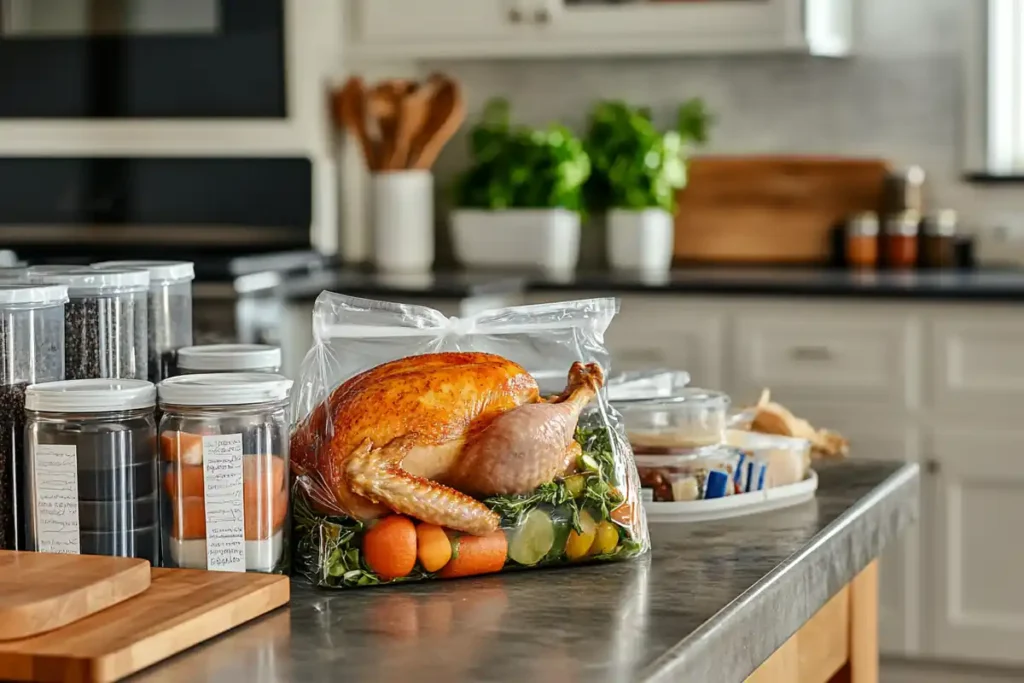 Rotisserie chicken in freezer-safe bag ready for storage.