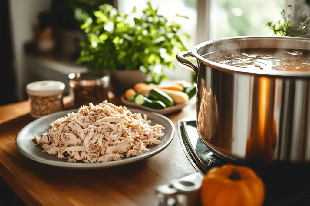 Thawed rotisserie chicken next to a pot of soup ingredients.