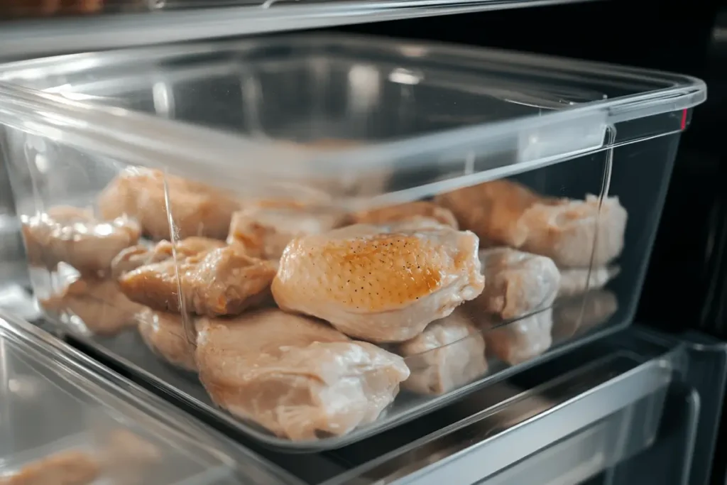 Leftover rotisserie chicken stored in an airtight container.