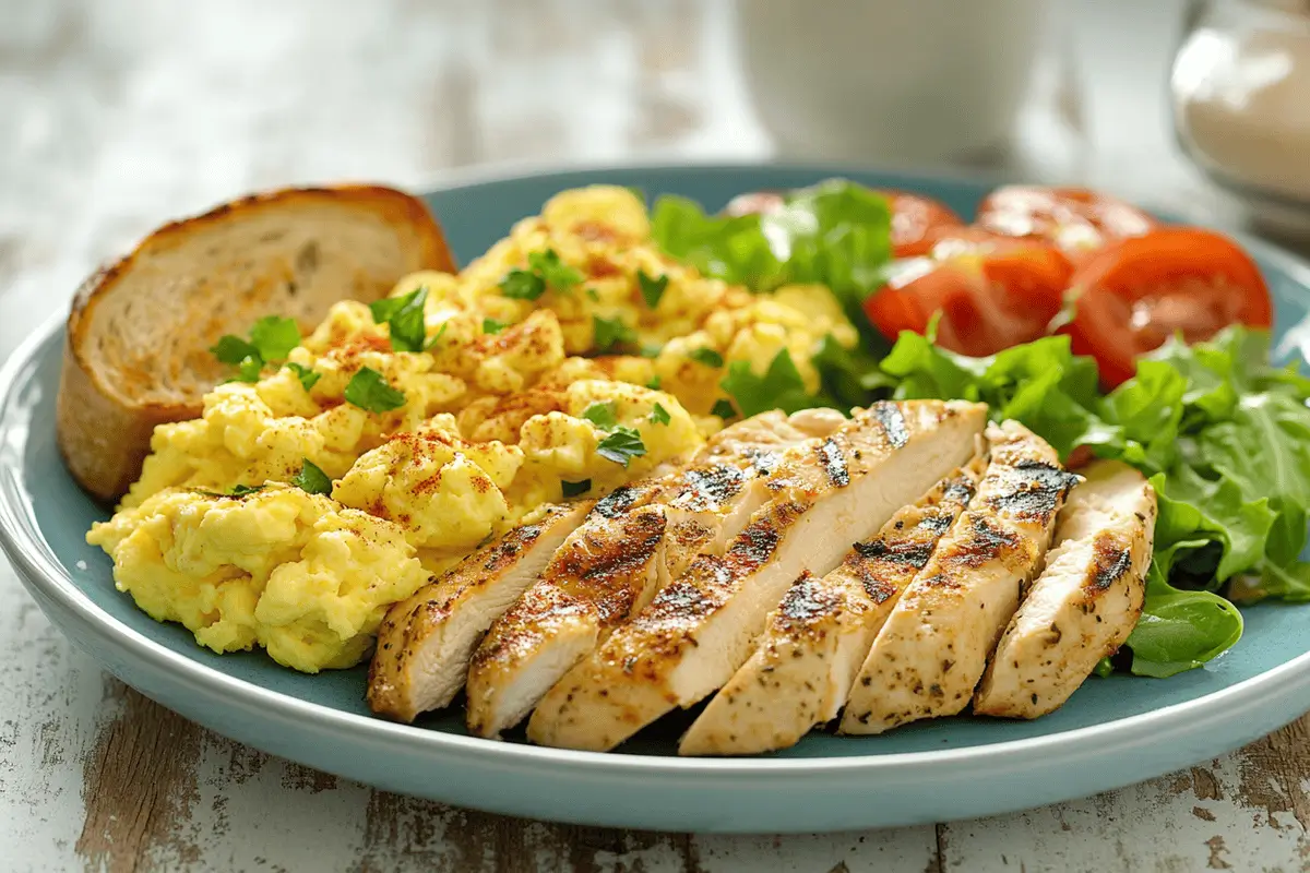 Healthy chicken breakfast with eggs and vegetables